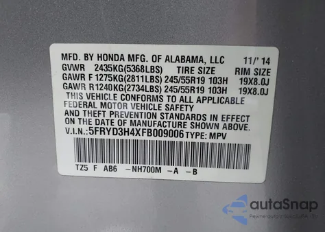 2015 Acura Mdx Technology Package from USA, damaged, VIN 5FRYD3H4XFB009006